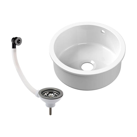 [BKS256W2] Fireclay Ceramic Bowl Round Undermount Kitchen Sink with Central Waste, Overflow and Brushed Pewter Strainer Waste - 460mm - Cutout