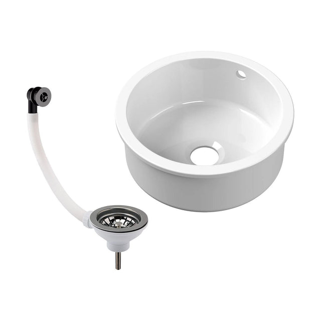[BKS256W2] Fireclay Ceramic Bowl Round Undermount Kitchen Sink with Central Waste, Overflow and Brushed Pewter Strainer Waste - 460mm - Cutout