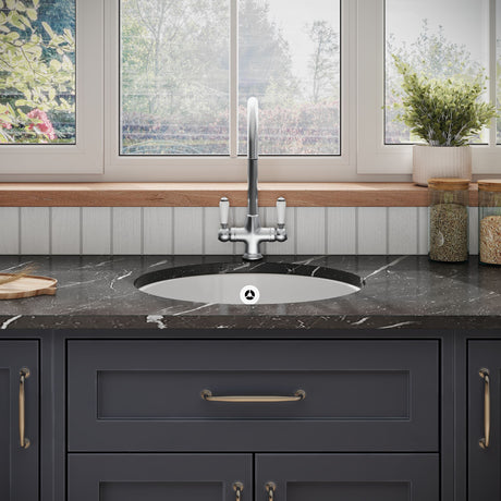 [BKS256W2] Fireclay Ceramic Bowl Round Undermount Kitchen Sink with Central Waste, Overflow and Brushed Pewter Strainer Waste - 460mm - Lifestyle 1
