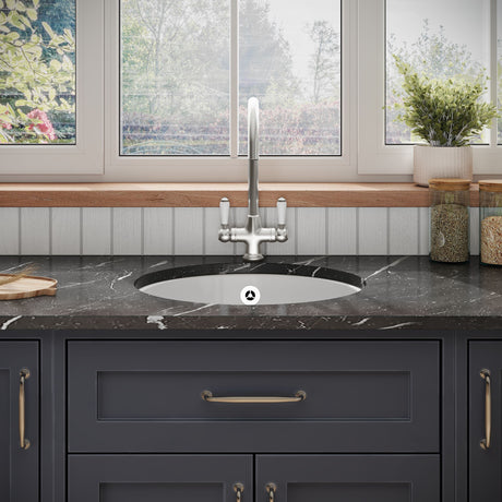 [BKS256W3] Balterley Fireclay Ceramic Bowl Round Undermount Kitchen Sink with Central Waste, Overflow and Brushed Nickel Strainer Waste 460mm - Lifestyle 1