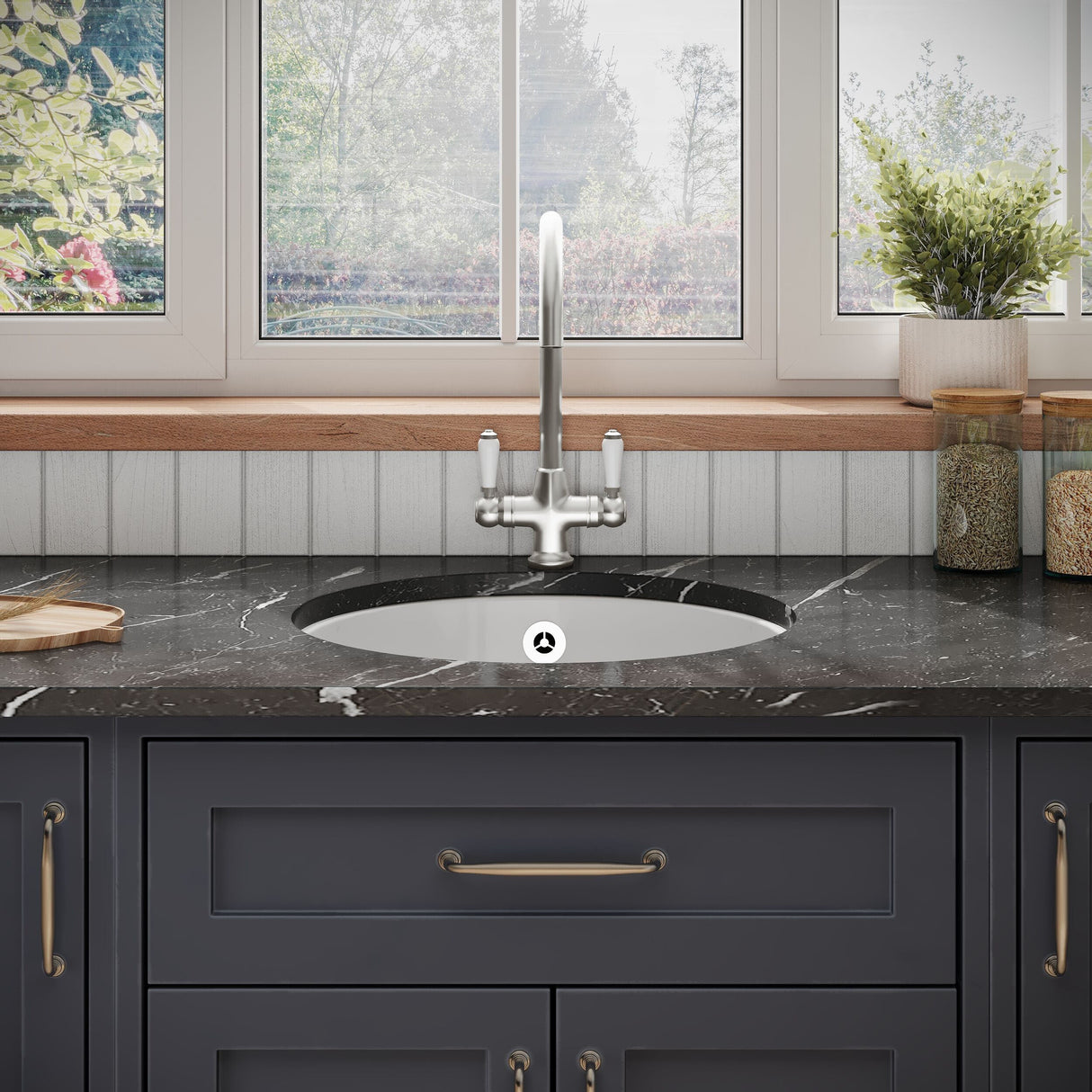 [BKS256W3] Fireclay Ceramic Single Bowl Round Undermount Kitchen Sink with Central Waste Position, Overflow, Choice of Sink and Waste Finish