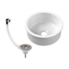 [BKS256W] Balterley Fireclay Ceramic Single Bowl Round Undermount Kitchen Sink with Central Waste, Overflow and Chrome Strainer Waste, 460mm - Cutout