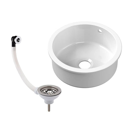 [BKS256W] Balterley Fireclay Ceramic Single Bowl Round Undermount Kitchen Sink with Central Waste, Overflow and Chrome Strainer Waste, 460mm - Cutout