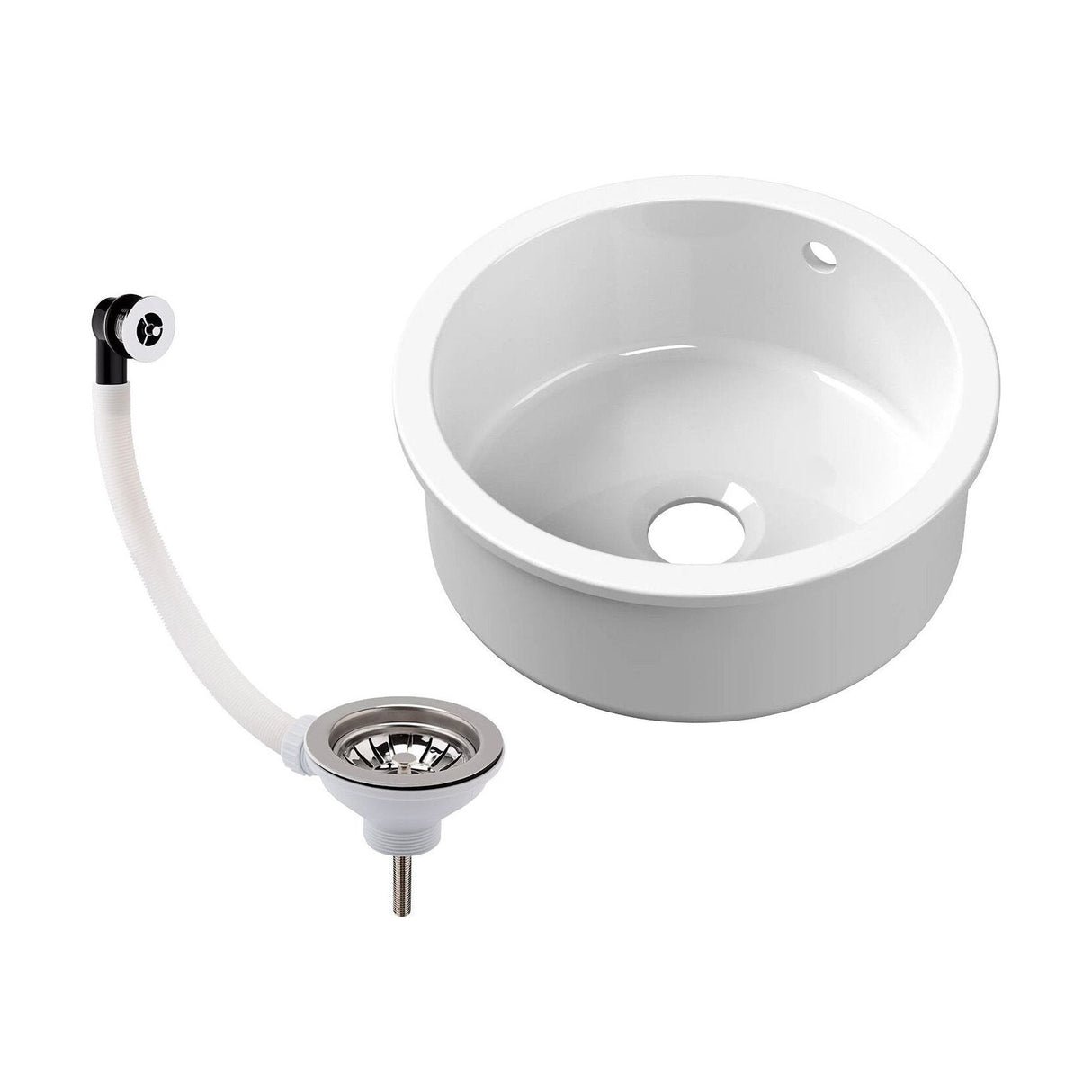 [BKS256W] Fireclay Ceramic Single Bowl Round Undermount Kitchen Sink with Central Waste Position, Overflow, Choice of Sink and Waste Finish - Cutout