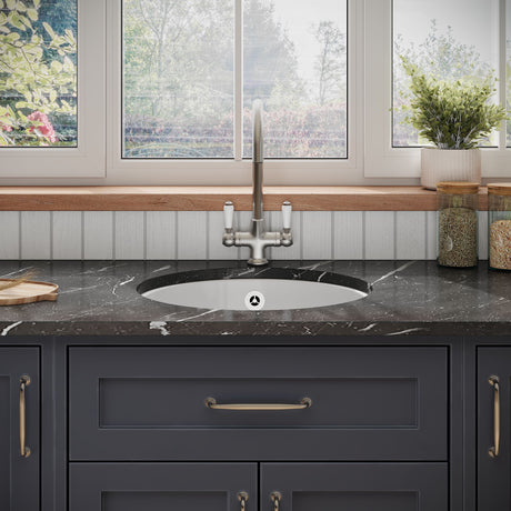 [BKS256W] Balterley Fireclay Ceramic Single Bowl Round Undermount Kitchen Sink with Central Waste, Overflow and Chrome Strainer Waste, 460mm - Lifestyle 1