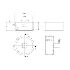 [BKS256] Fireclay Single Bowl Round Undermount Kitchen Sink, Central Waste Position & Overflow - 460mm - Multiple Colours Available - Technical Drawing