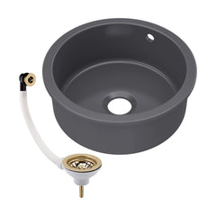 [BKS257W1] Fireclay Bowl Round Undermount Kitchen Sink with Central, Overflow and Brushed Brass Strainer Waste, 460mm - Dark Grey - Cutout