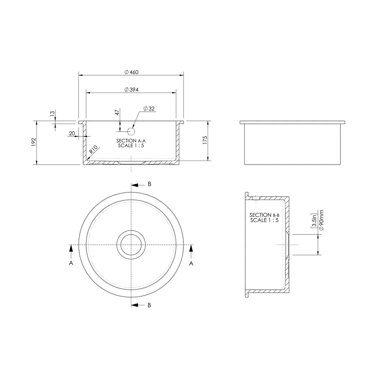 [BKS257W1] Fireclay Bowl Round Undermount Kitchen Sink with Central, Overflow and Brushed Brass Strainer Waste, 460mm - Dark Grey - Technical Drawing
