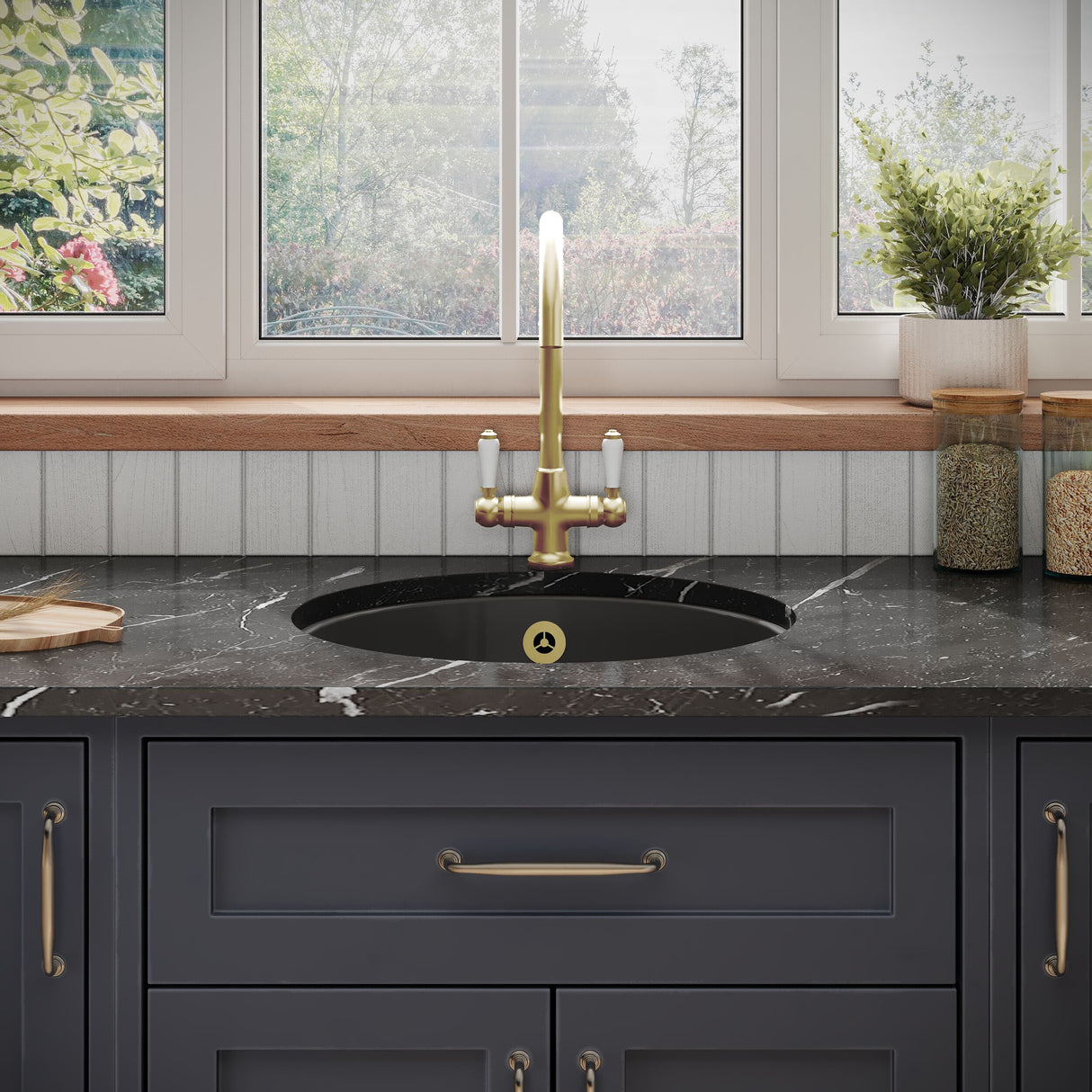 [BKS257W1] Fireclay Bowl Round Undermount Kitchen Sink with Central, Overflow and Brushed Brass Strainer Waste, 460mm - Dark Grey - Lifestyle 1