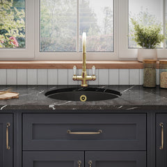 [BKS257W1] Fireclay Bowl Round Undermount Kitchen Sink with Central, Overflow and Brushed Brass Strainer Waste, 460mm - Dark Grey - Lifestyle 1