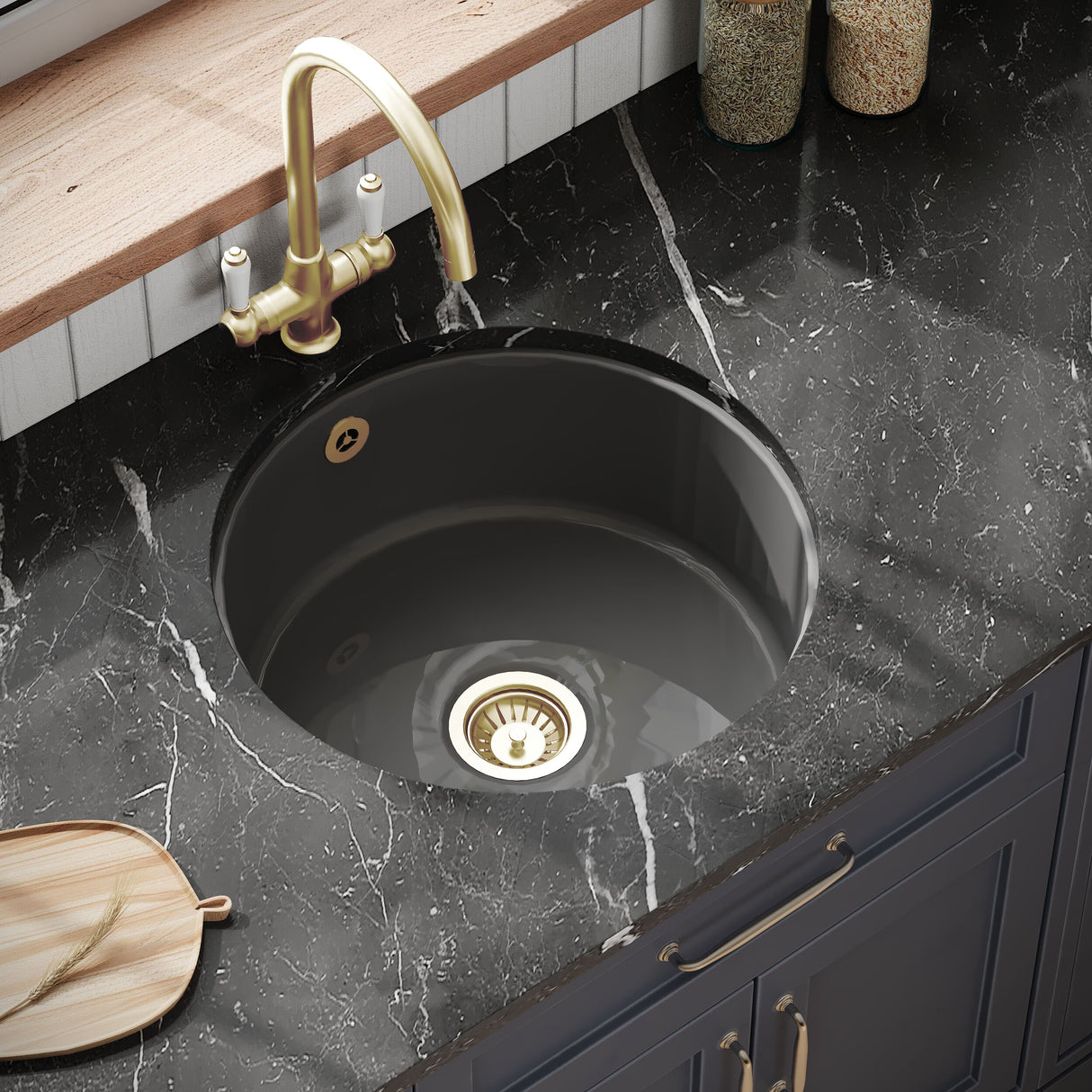 [BKS257W1] Fireclay Bowl Round Undermount Kitchen Sink with Central, Overflow and Brushed Brass Strainer Waste, 460mm - Dark Grey - Lifestyle 2