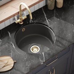 [BKS257W1] Fireclay Bowl Round Undermount Kitchen Sink with Central, Overflow and Brushed Brass Strainer Waste, 460mm - Dark Grey - Lifestyle 2