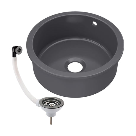 [BKS257W2] Balterley Dark Grey Fireclay Bowl Round Undermount Kitchen Sink with Central, Overflow and Brushed Pewter Strainer Waste, 460mm - Cutout