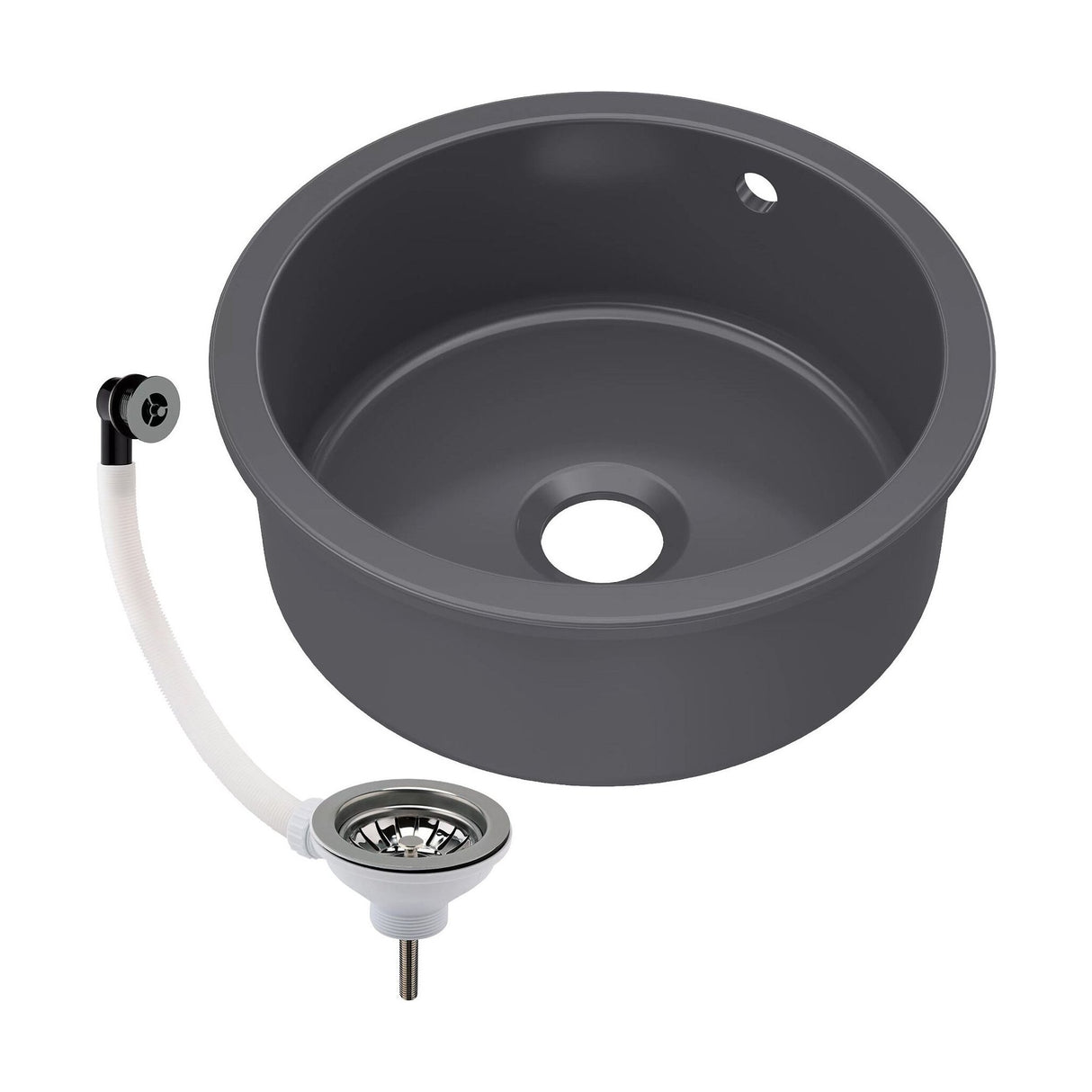[BKS257W3] Balterley Dark Grey Fireclay Bowl Round Undermount Kitchen Sink with Central, Overflow and Brushed Nickel Strainer Waste, 460mm - Cutout