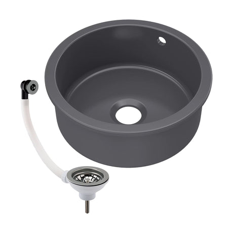 [BKS257W3] Balterley Dark Grey Fireclay Bowl Round Undermount Kitchen Sink with Central, Overflow and Brushed Nickel Strainer Waste, 460mm - Cutout