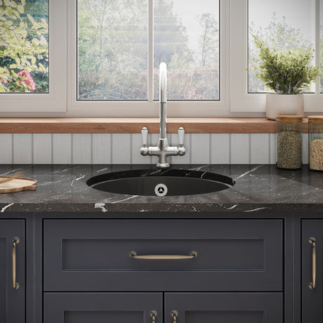 [BKS257W3] Balterley Dark Grey Fireclay Bowl Round Undermount Kitchen Sink with Central, Overflow and Brushed Nickel Strainer Waste, 460mm - Lifestyle 1