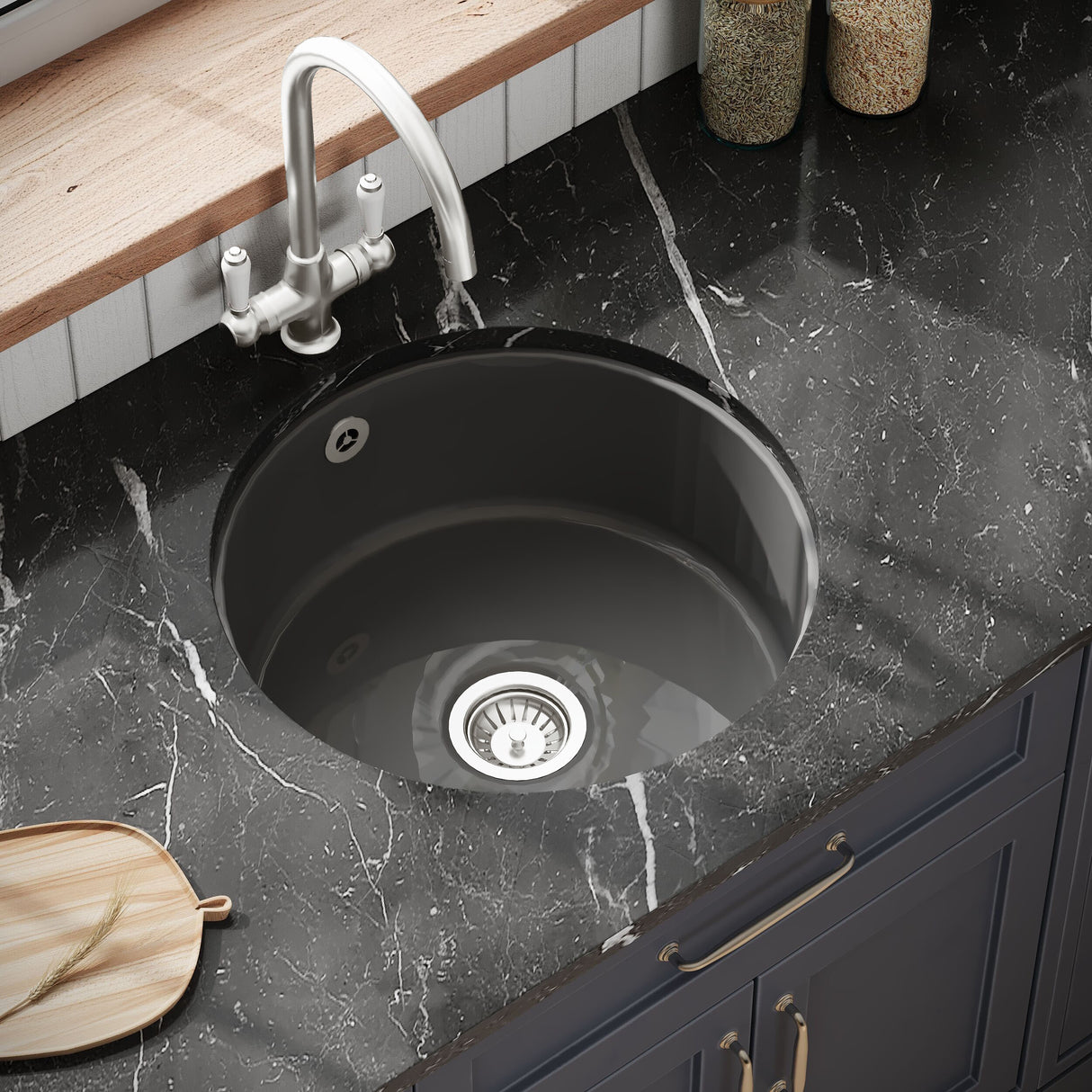 [BKS257W3] Balterley Dark Grey Fireclay Bowl Round Undermount Kitchen Sink with Central, Overflow and Brushed Nickel Strainer Waste, 460mm - Lifestyle 2