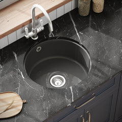 [BKS257W3] Balterley Dark Grey Fireclay Bowl Round Undermount Kitchen Sink with Central, Overflow and Brushed Nickel Strainer Waste, 460mm - Lifestyle 2