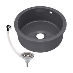 [BKS257W] Fireclay Ceramic Bowl Round Undermount Kitchen Sink with Central Overflow and Chrome Strainer Waste, 460mm - Dark Grey - Cutout