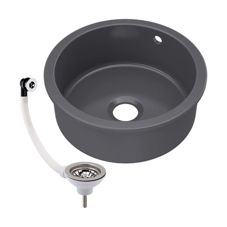 [BKS257W] Fireclay Ceramic Bowl Round Undermount Kitchen Sink with Central Overflow and Chrome Strainer Waste, 460mm - Dark Grey - Cutout