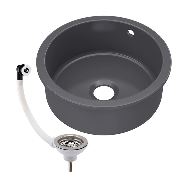 [BKS257W] Fireclay Ceramic Bowl Round Undermount Kitchen Sink with Central Overflow and Chrome Strainer Waste, 460mm - Dark Grey - Cutout