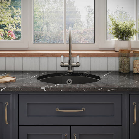 [BKS257W] Fireclay Ceramic Bowl Round Undermount Kitchen Sink with Central Overflow and Chrome Strainer Waste, 460mm - Dark Grey - Lifestyle 1