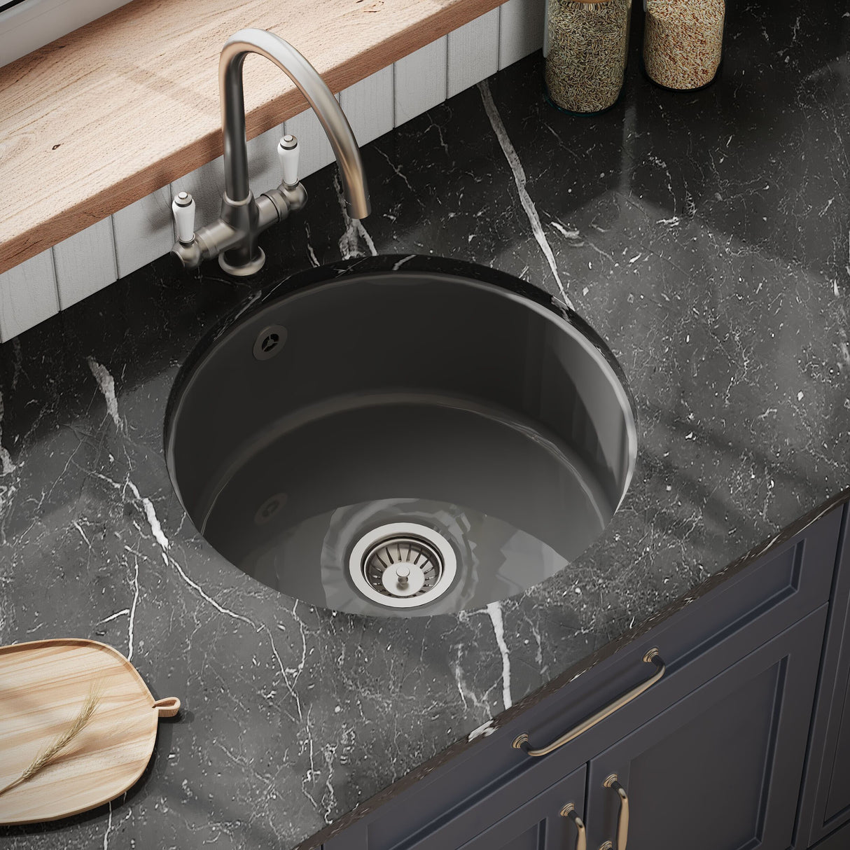 [BKS257W] Fireclay Ceramic Bowl Round Undermount Kitchen Sink with Central Overflow and Chrome Strainer Waste, 460mm - Dark Grey - Lifestyle 2