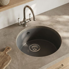 [BKS257] Fireclay Single Bowl Round Undermount Kitchen Sink, Central Waste Position & Overflow - 460mm - Multiple Colours Available - Silo