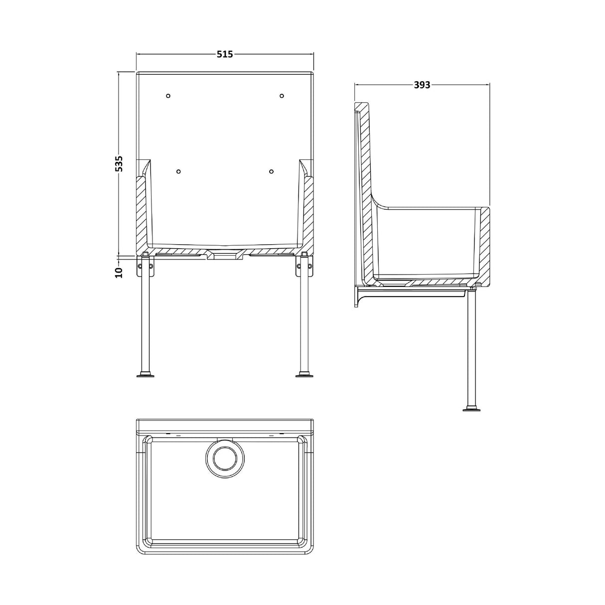 [BKS260] Single Bowl  Fireclay Ceramic Cleaner Sink w.Grid - Multiple Sizes and Accessories - Technical Drawing