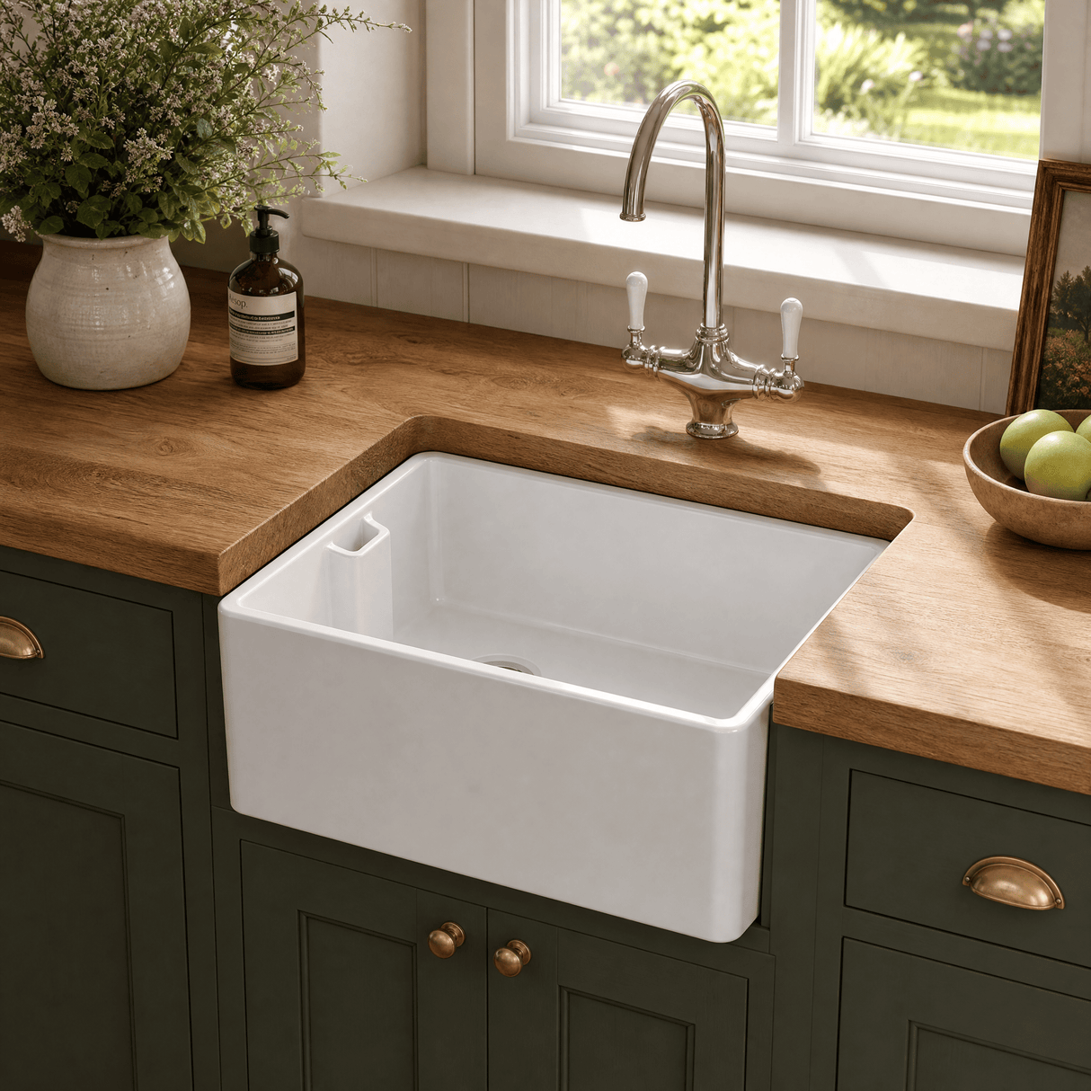 [BKS263] Traditional Fireclay Ceramic Belfast Sink with Overflow, Single Bowl - 595mm - Lifestyle 1
