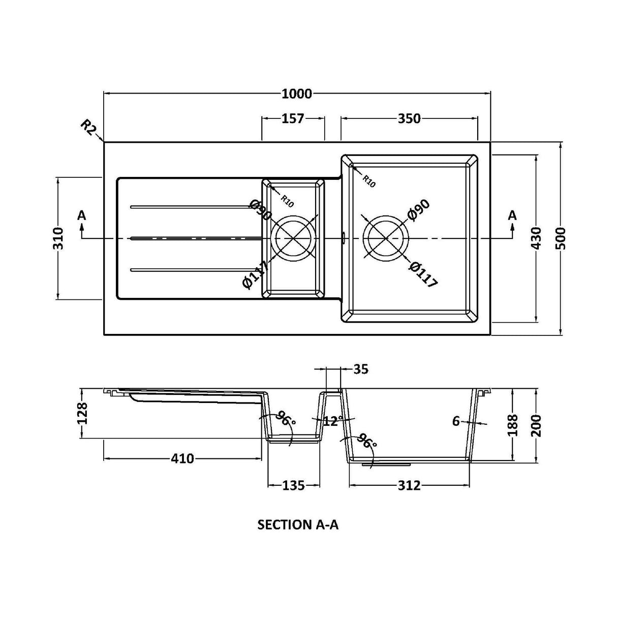 [BKS41050SH] 100cm Composite Inset Kitchen Sink with Overflow & Drainer - Available in Multiple Colours - Technical Drawing