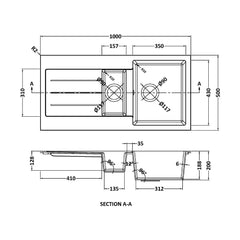 [BKS41050SH] 100cm Composite Inset Kitchen Sink with Overflow & Drainer - Available in Multiple Colours - Technical Drawing
