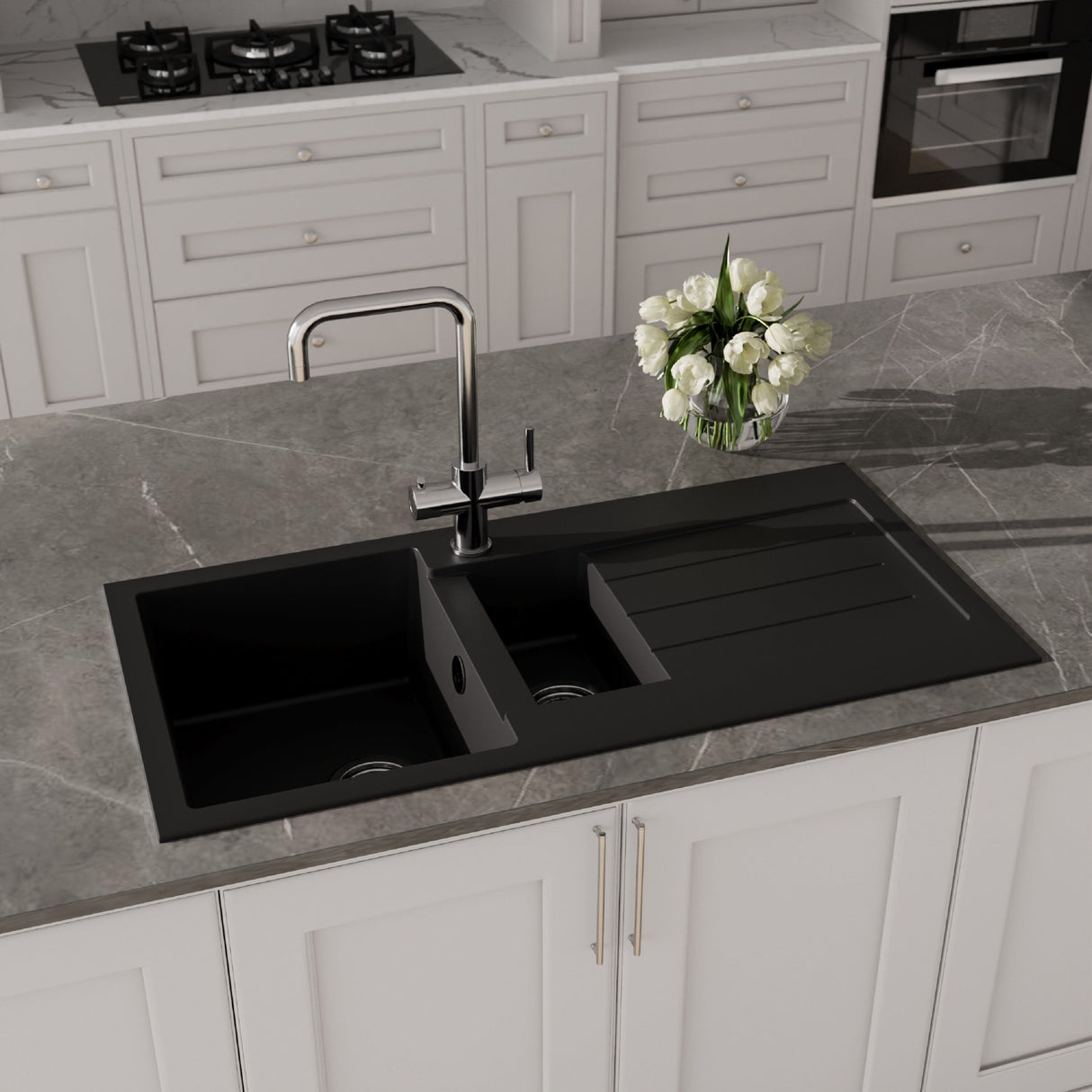 [BKS41050SH] 100cm Composite Inset Kitchen Sink with Overflow & Drainer - Available in Multiple Colours - Lifestyle 1