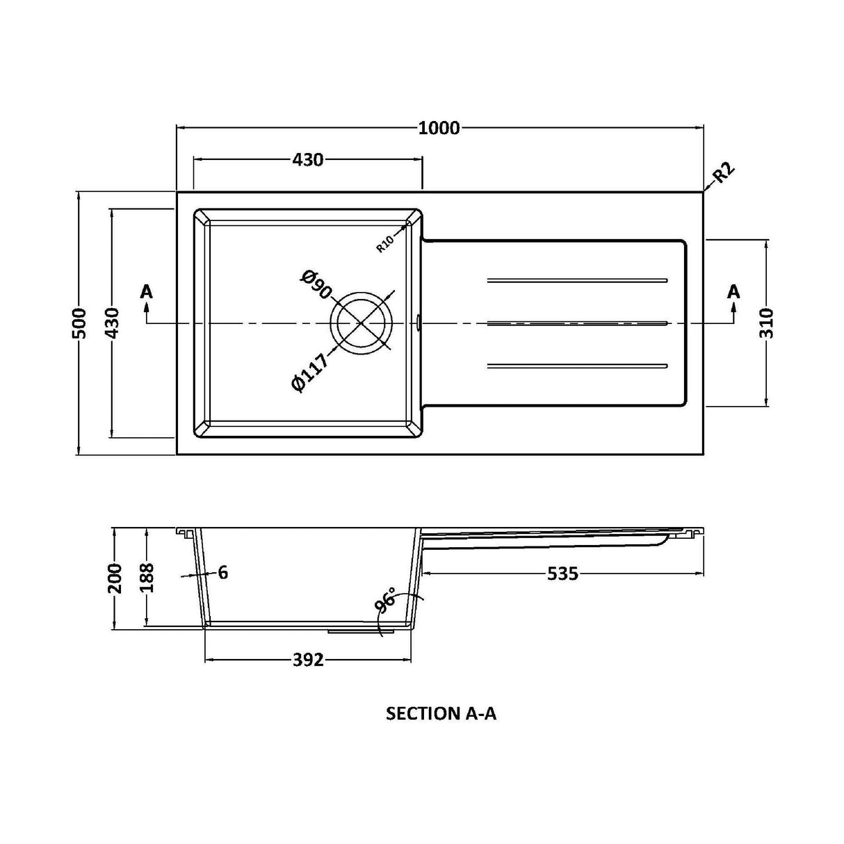 [BKS41050S] 100cm Composite Inset Kitchen Sink with Overflow & Drainer - Available in Multiple Colours - Technical Drawing