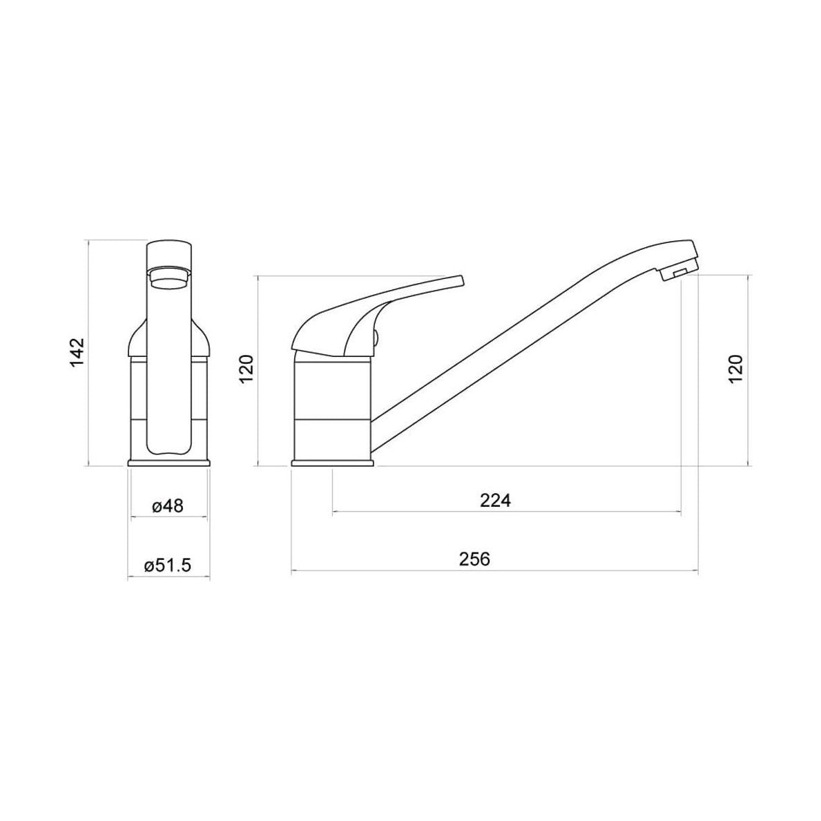 [BKT001] Contemporary Single Lever Kitchen Mixer Tap, Chrome - Technical Drawing
