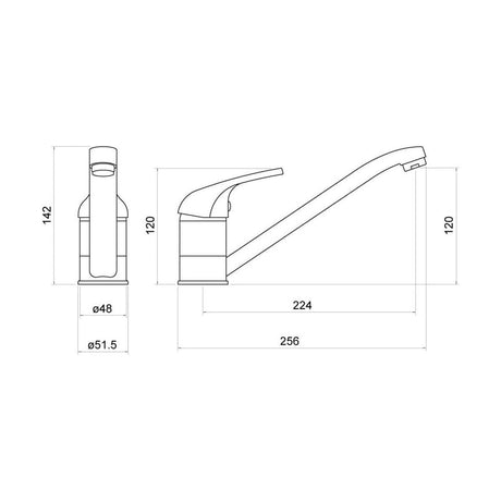 [BKT001] Contemporary Single Lever Kitchen Mixer Tap, Chrome - Technical Drawing