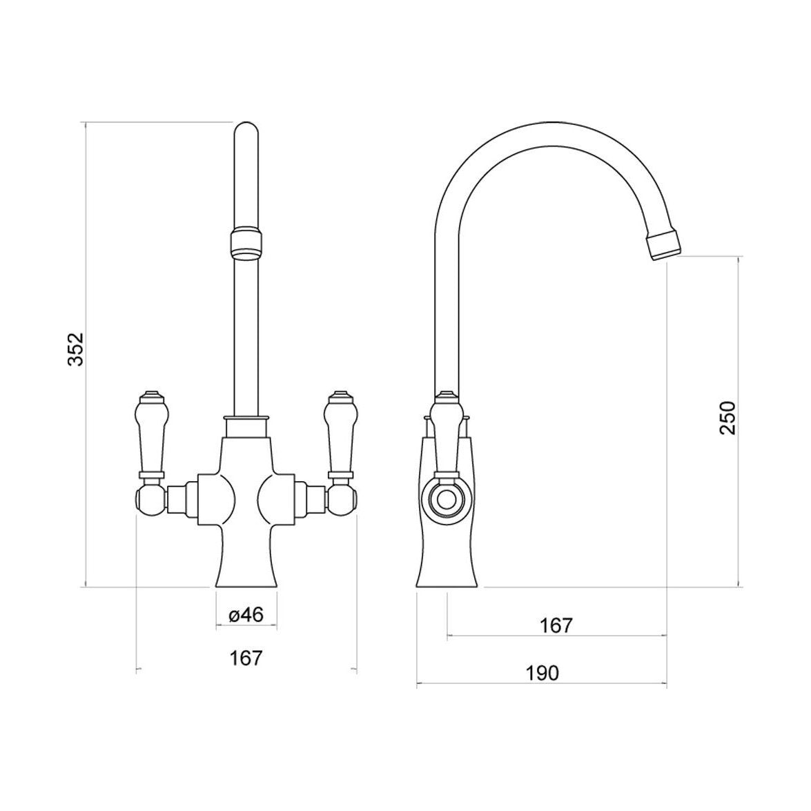 [BKT002K] Traditional Dual Handle Kitchen Mixer Tap - Black - Technical Drawing