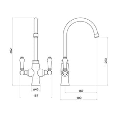 [BKT002] Traditional Dual Handle Kitchen Mixer Tap - Chrome - Technical Drawing