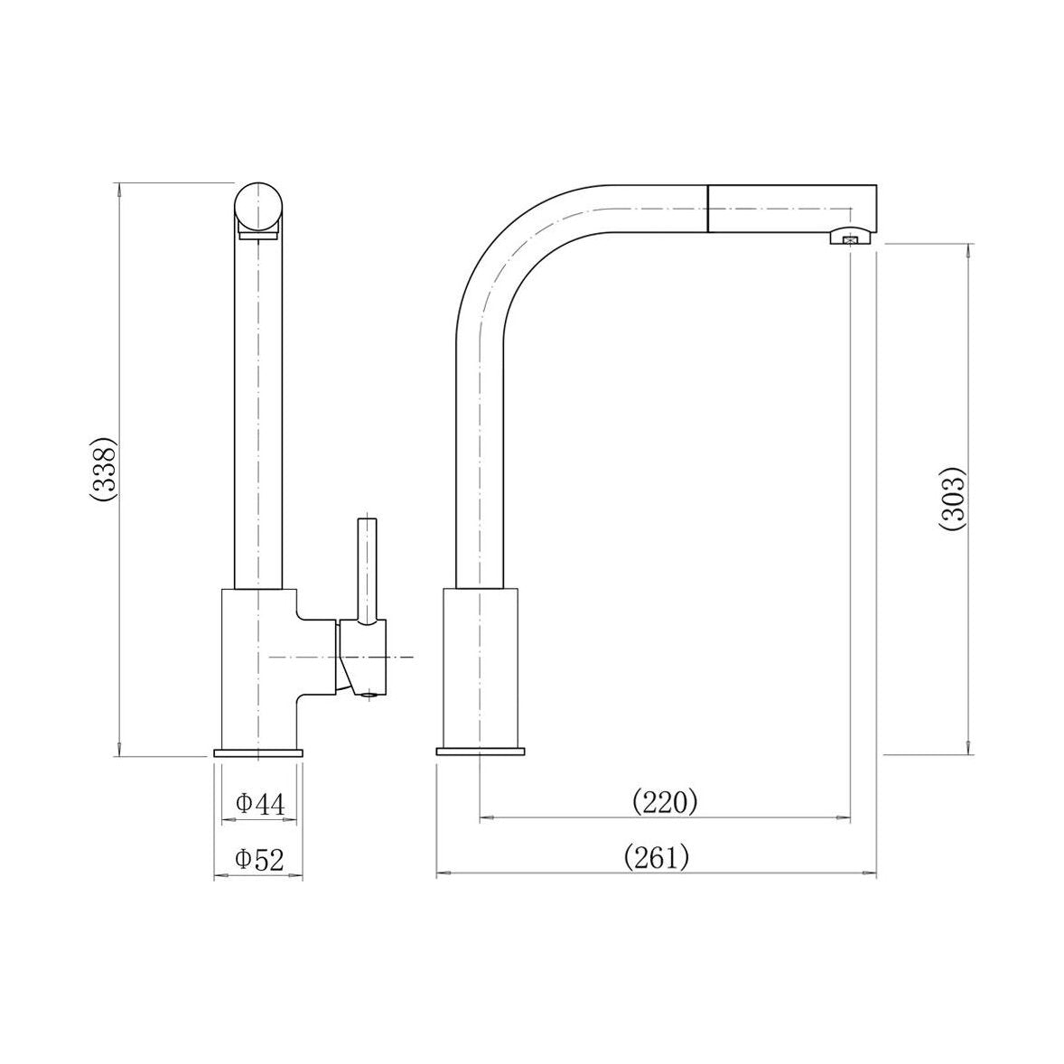 [BKT004K] Contemporary Pull Out Single Lever Kitchen Mixer Tap - Black - Technical Drawing