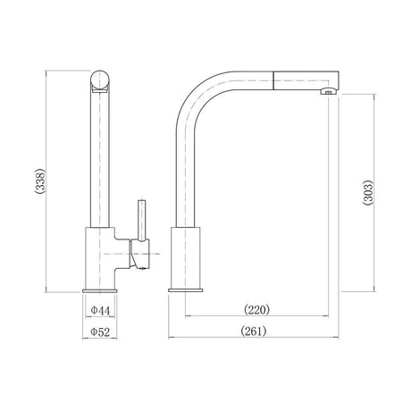 [BKT004K] Contemporary Pull Out Single Lever Kitchen Mixer Tap - Black - Technical Drawing