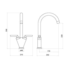 [BKT005BN] Balterley Contemporary Pull Out Dual Lever Kitchen Mixer Tap with Rounded Swivel Spout - Brushed Nickel - Technical Drawing