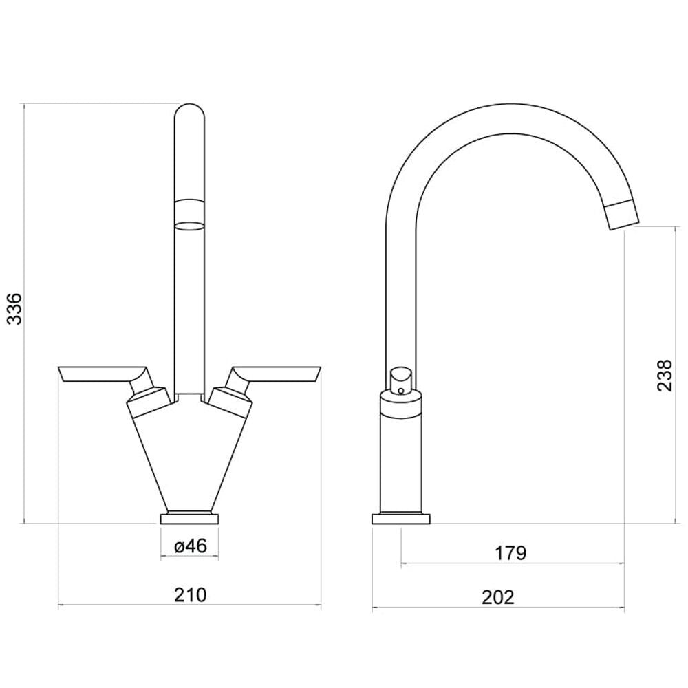 [BKT005CP] Contemporary Dual Lever Round Kitchen Sink Mixer Tap, Choice of Colour - Technical Drawing