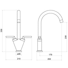 [BKT005CP] Contemporary Dual Lever Round Kitchen Sink Mixer Tap, Choice of Colour - Technical Drawing