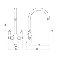 [BKT007] Traditional Dual Handle Kitchen Mixer Tap - Chrome - Technical Drawing