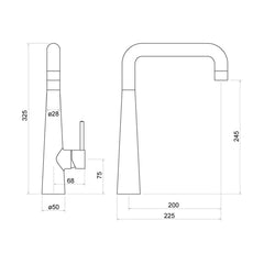 [BKT008] Balterley Contemporary Pull Out Single Lever Kitchen Mixer Tap with Square Swivel Spout & Chrome Finish - Technical Drawing