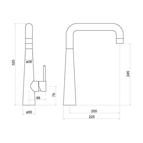 [BKT008] Balterley Contemporary Pull Out Single Lever Kitchen Mixer Tap with Square Swivel Spout & Chrome Finish - Technical Drawing
