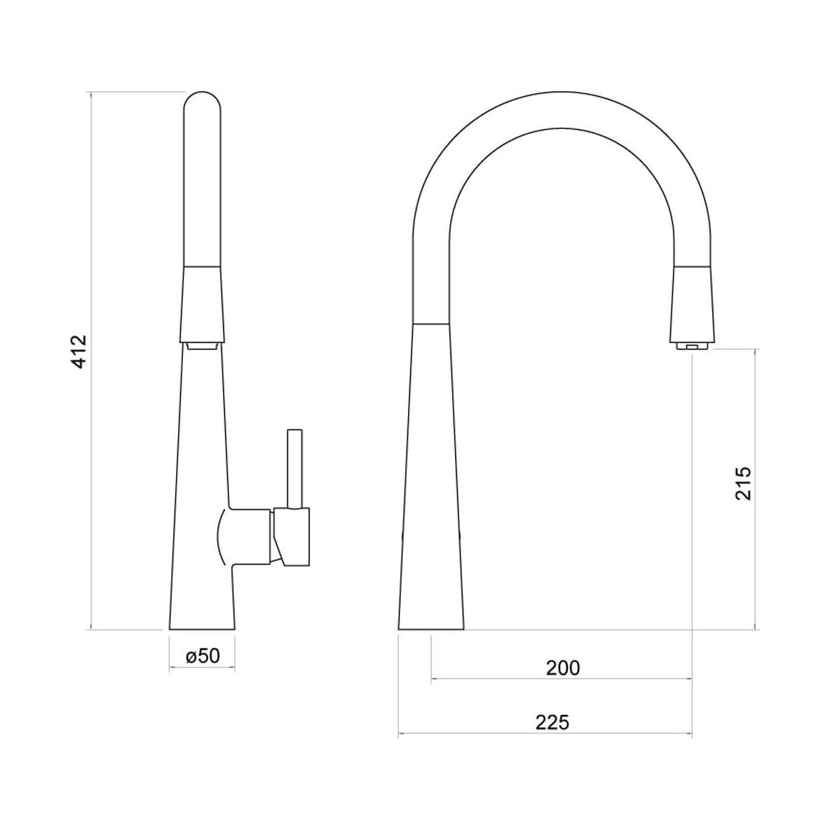 [BKT009BG] Balterley Contemporary Pull Out Single Lever Kitchen Mixer Tap with Rounded Swivel Spout & Brushed Gold Finish - Technical Drawing