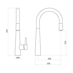 [BKT009BG] Balterley Contemporary Pull Out Single Lever Kitchen Mixer Tap with Rounded Swivel Spout & Brushed Gold Finish - Technical Drawing