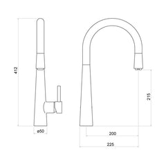 [BKT009BN] Contemporary Pull Out Kitchen Mixer Tap - Brushed Nickel - Technical Drawing