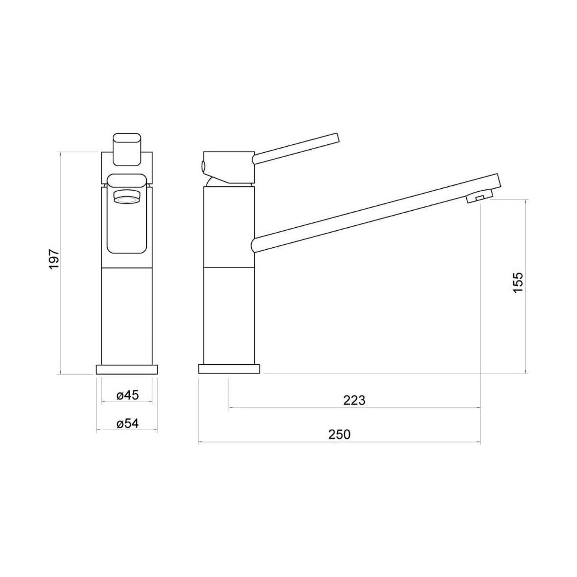 [BKT011] Balterley Contemporary Single Lever Kitchen Mixer Tap with Straight Swivel Spout & Chrome Finish - Technical Drawing